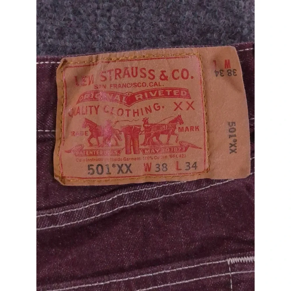 Levis 501 XX Mens Jeans 38x34 Burgundy Maroon White Stitch Straight Leg Denim